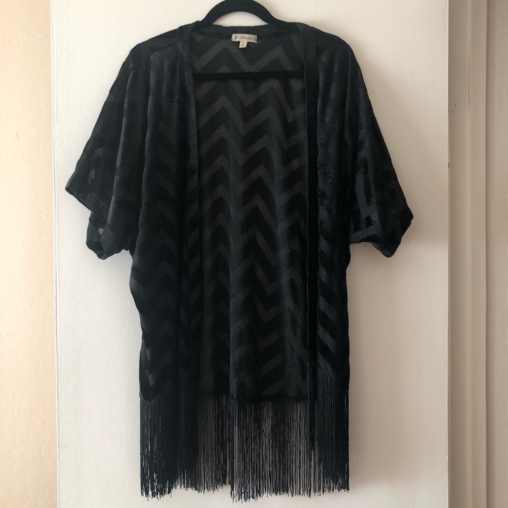 Sheer Velvet Chevron Print Kimono w/ Fringe